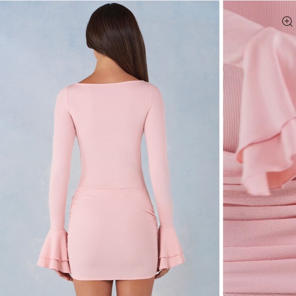 Ribbed Modal Long-Sleeve Draped Mini Dress in Blush Pink - Picture 2 of 8